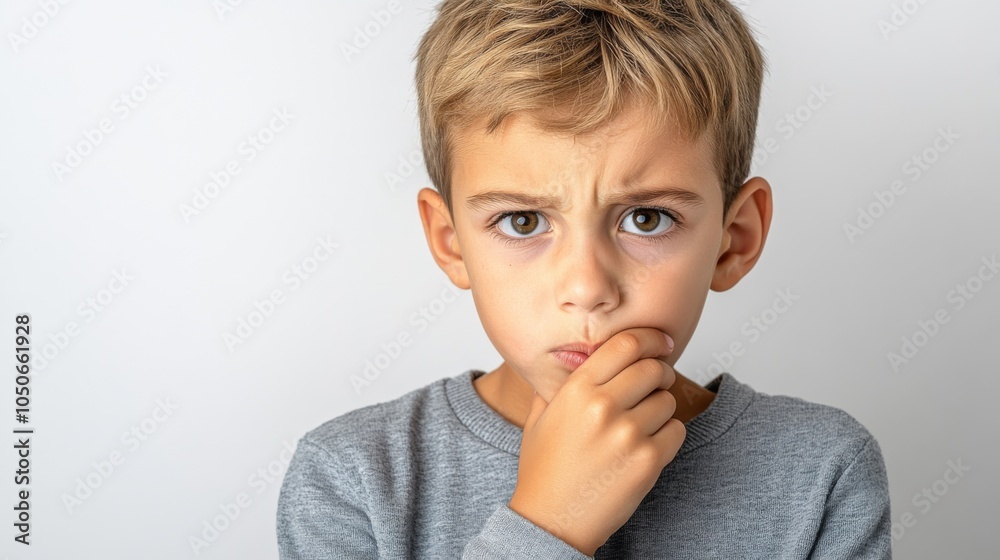 A Young Boy with a Thoughtful Expression and Hand to Chin A Young Boy with a Thoughtful Expression and Hand to Chin