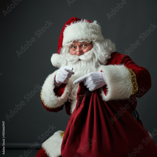 santa claus appointing for copy space beside, smile face, bag of gifts in the ground photo