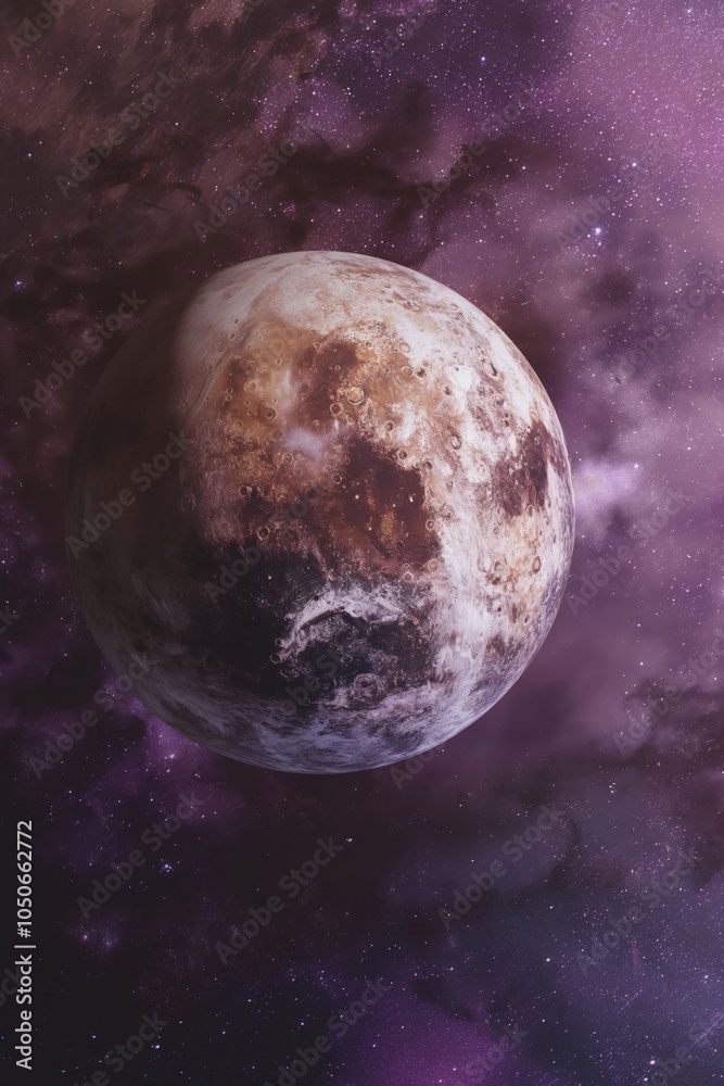 Fototapeta premium Pluto planet rotating in outer space, surrounded by stars and purple nebula clouds