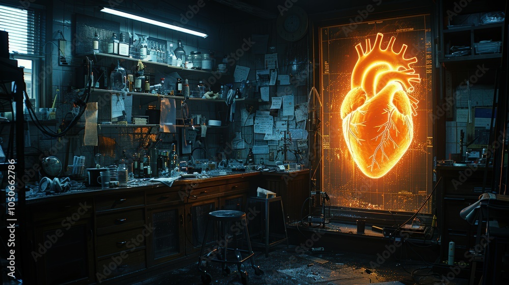 Fototapeta premium Neon Heart in a Scientific Laboratory Setting