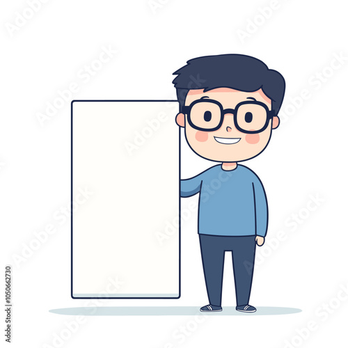 vector flat style boy holding big white sheet white background .Generative AI