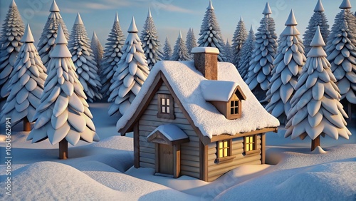 Cozy Winter Cabin Retreat: 3D Illustration of a Snowy Pine Forest Getaway