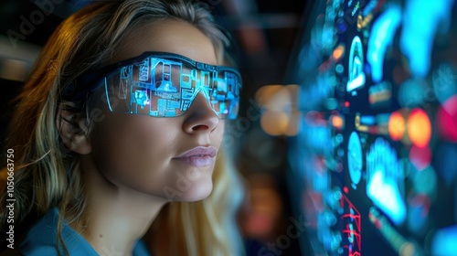 Futuristic Woman with Smart Glasses Analyzing Data