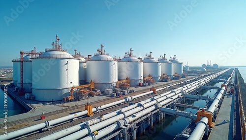 LNG storage facility with large tanks and pipelines emphasizes energy distribution. photo