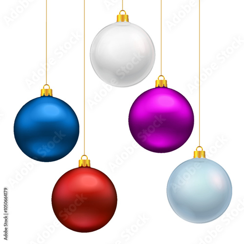 Realistic Christmas balls in different colors isolated on white background. Collection different Christmas balls. New year toy decoration with gold suspensions - stock vector