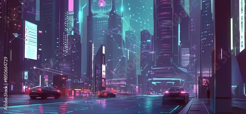 A futuristic cityscape with connected IoT devices represented by neon lines linking buildings, cars, and streetlights, glowing in vivid blues and purples. photo