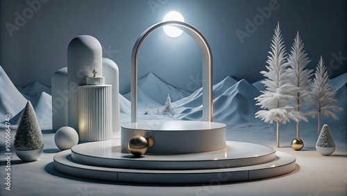 Minimalist 3D podium with winter elements, featuring soft snow and cool seasonal vibes.