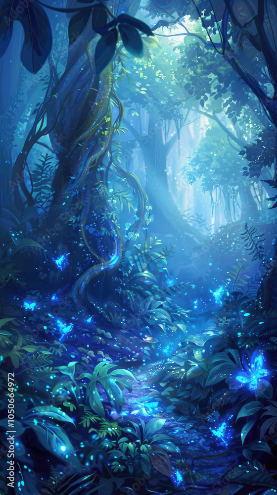 Fototapeta premium Enchanted Forest with Glowing Blue Butterflies and Lush Greenery in Mystical Moonlight