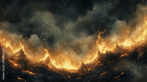 Fiery cosmic wave: abstract smoke and flame art with golden sparks