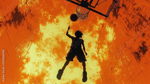 Silhouette of athlete dunking basketball against vibrant orange sky