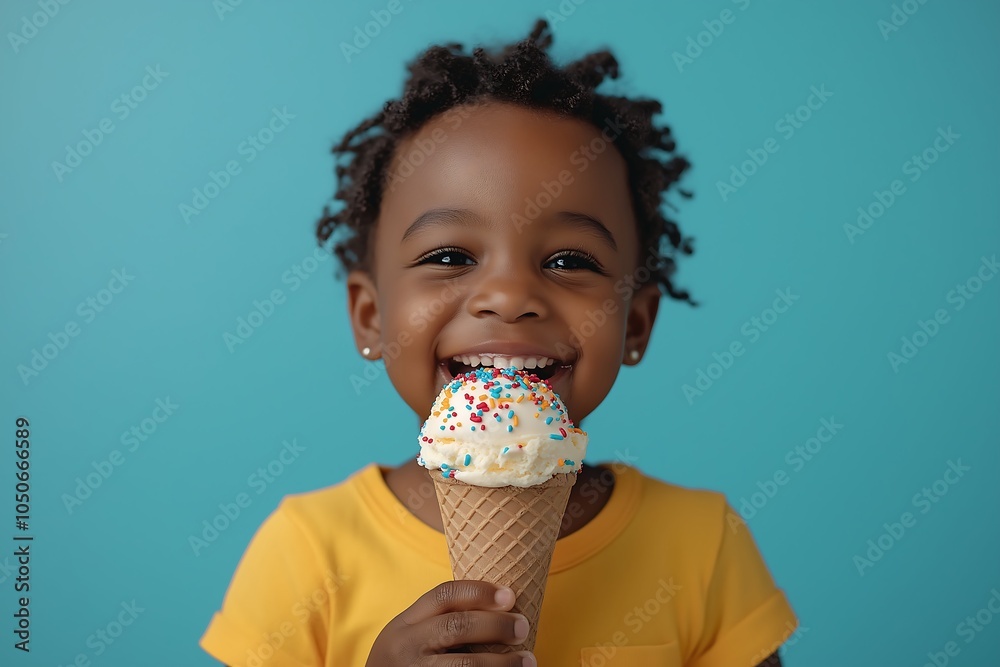 A young black child enjoys a delicious ice cream cone on a sunny day, capturing the joy and innocence of childhood in a vibrant setting. A young black child enjoys a delicious ice cream cone on a sunny day, capturing the joy and innocence of childhood in a vibrant setting.