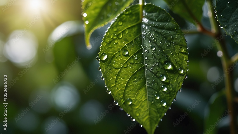 Dewdrops on a Green Leaf in the Morning Light Dewdrops on a Green Leaf in the Morning Light