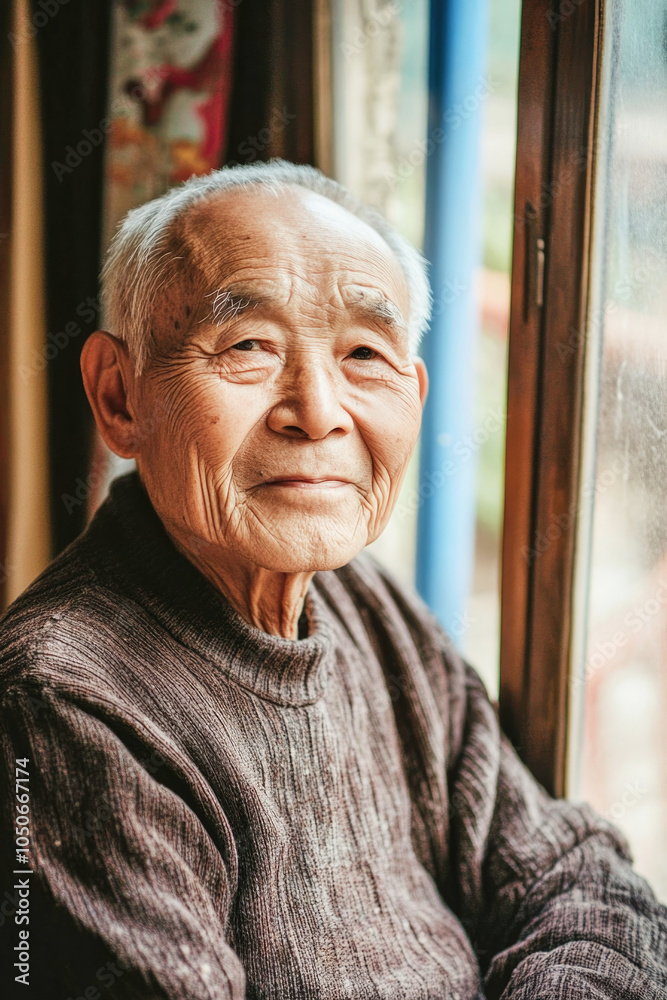 Elderly man with a warm smile sitting by the window during a quiet afternoon Elderly man with a warm smile sitting by the window during a quiet afternoon
