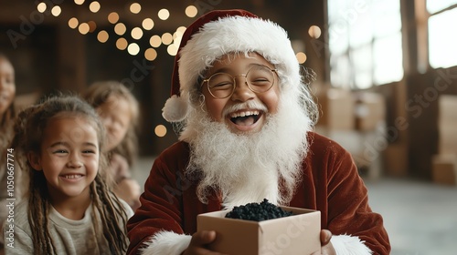 Santa handing out coal to kids but giving them a wink, implying he s in on the joke as children react with surprise photo