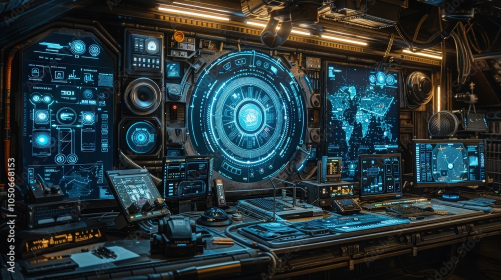 Futuristic Control Room with High-Detail Displays Futuristic Control Room with High-Detail Displays