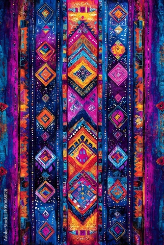 A vibrant and intricate textile pattern featuring rich blues, purples, and bold geometric shapes, creating a lively and artistic atmosphere perfect for any decor.