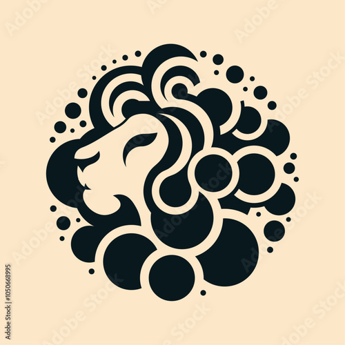 Discover our stylized lion head logo, blending strength and elegance with bold lines and circular elements. Ideal for branding. white space