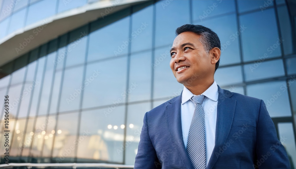 Successful Businessman in Suit with Wealthy Appearance, Smiling and Looking at Copy Space in Corporate background Successful Businessman in Suit with Wealthy Appearance, Smiling and Looking at Copy Space in Corporate background