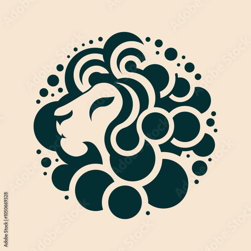 Discover our stylized lion head logo, blending strength and elegance with bold lines and circular elements. Ideal for branding. white space