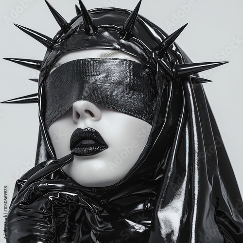 Beautiful nun dressed in latex suit with black lipstick and blindfold. BDSM mistress