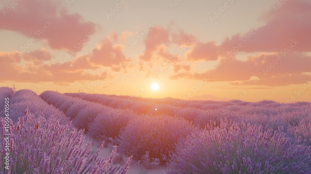 Fototapeta premium A serene sunset over a lavender field, with rows of purple flowers stretching to the horizon and the sky glowing in soft pinks and oranges