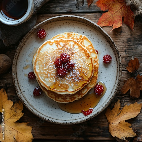 Top view of  stack of pancakes with honey