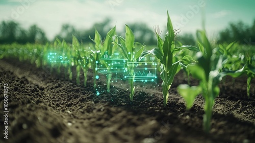 Smart farming with iot technology: growing corn seedlings with infographics illustrating precision agriculture 4.0 concepts for modern agricultural practices and sustainable crop management.