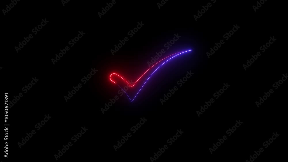 Neon glowing red and blue color check mark icon animation on black background. Neon Check mark, right, correct symbol animation. Neon line tick mark icon animation. Neon glowing red and blue color check mark icon animation on black background. Neon Check mark, right, correct symbol animation. Neon line tick mark icon animation.