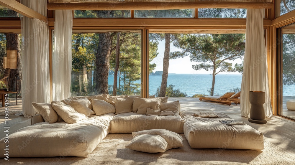 Fototapeta premium A Coastal Living Room with a View of the Sea Through Large Windows