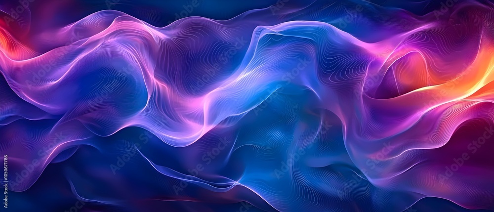 Obraz premium A mesmerizing abstract composition featuring flowing waves of vibrant purple, blue, and orange hues, creating a dynamic and dreamlike atmosphere.