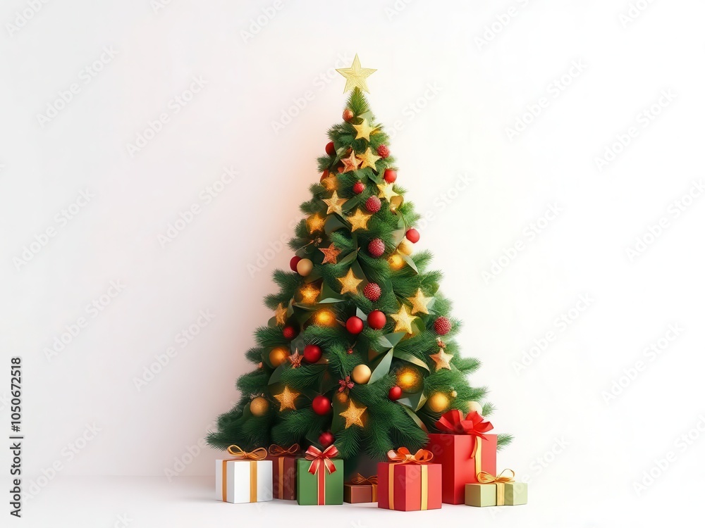 Fototapeta premium Ilustration of Christmas tree with gifts on white background