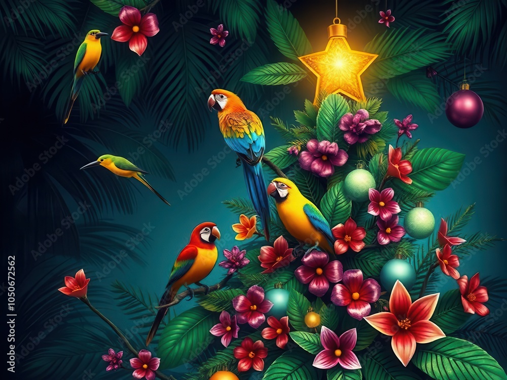 Fototapeta premium A tropical Christmas tree with presents and parrots
