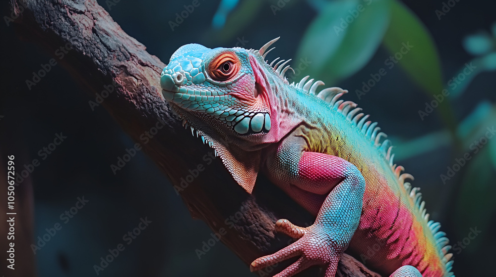 Fototapeta premium Green Iguana Resting on a Branch with Intricate Scale Details