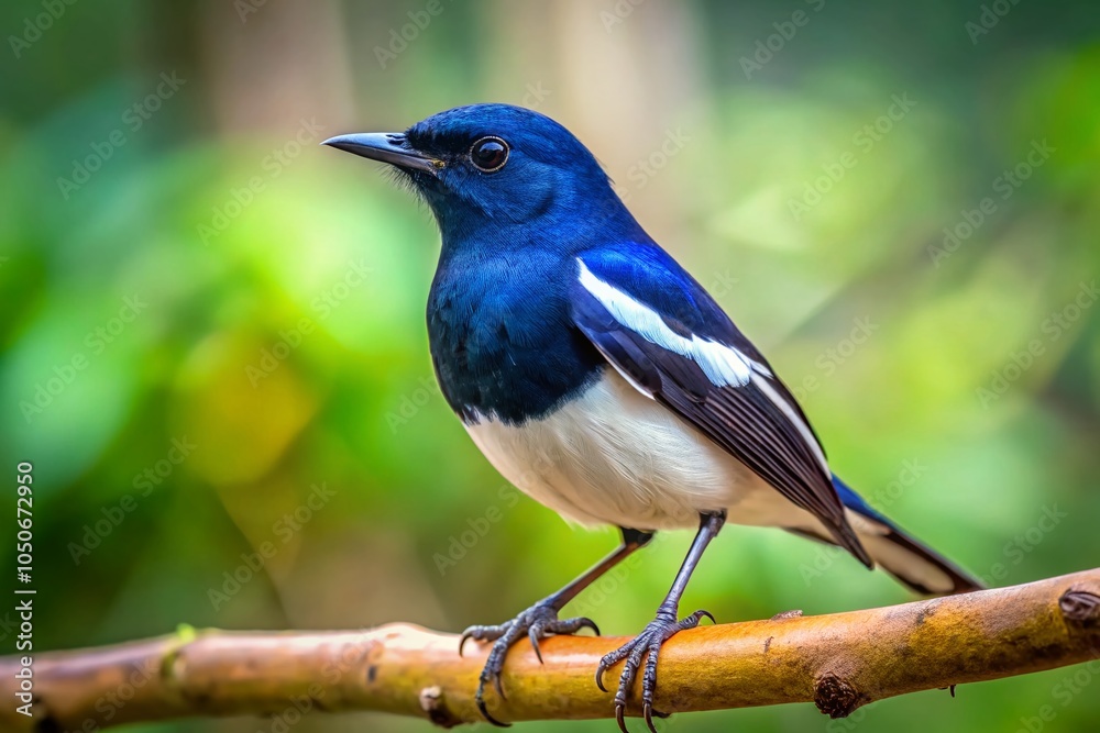 Fototapeta premium Minimalist Photography of an Oriental Magpie Robin on a Branch in a Serene Forest Setting for Birdwatching Enthusiasts