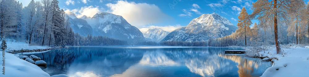 A beautiful snowy landscape with a lake and mountains in the background A beautiful snowy landscape with a lake and mountains in the background