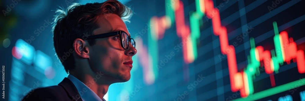 A focused professional analyzing stock market trends, illuminated by vibrant charts. Perfect for finance, investment, and business themes. A focused professional analyzing stock market trends, illuminated by vibrant charts. Perfect for finance, investment, and business themes.