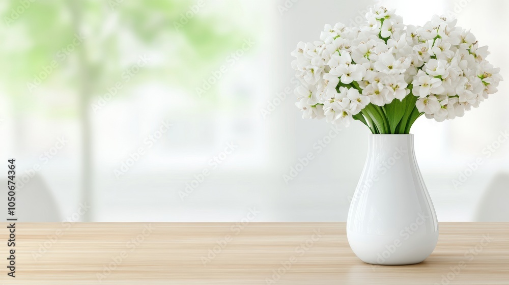 Elegant white flowers in a vase brighten a minimalist wooden table setting, AI Elegant white flowers in a vase brighten a minimalist wooden table setting, AI