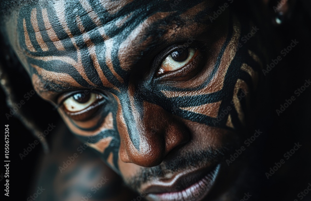 an African man with face paint, tribal marks, and facial tattoos an African man with face paint, tribal marks, and facial tattoos