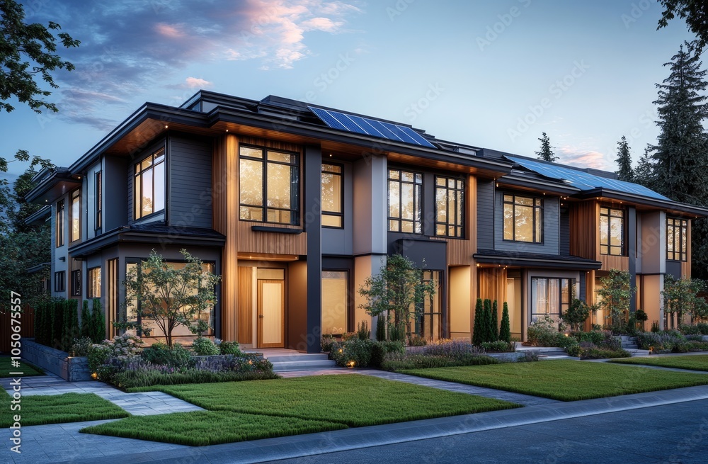 A stunning front view of the exterior at night, showcasing a modern and traditional house in Vancouver with high-end landscaping A stunning front view of the exterior at night, showcasing a modern and traditional house in Vancouver with high-end landscaping