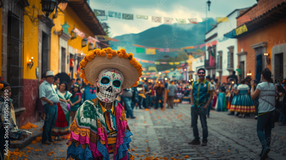 Obraz premium A vivid scene of a Día de los Muertos procession in a traditional Mexican town square.