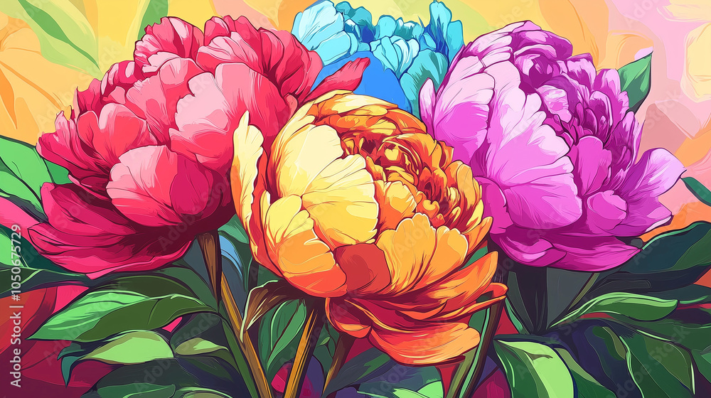 A striking pop art depiction of seven peonies, brought to life with large acrylic brush strokes. This colorful artwork radiates energy and celebrates the beauty of flowers in a contemporary style.