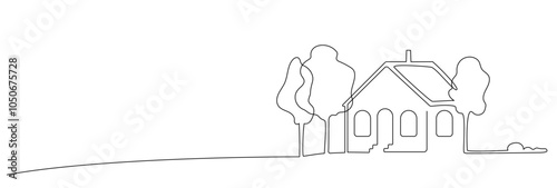 House and garden line art. Building, real estate architecture, apartment. Facade home in country exterior. Vector illustration