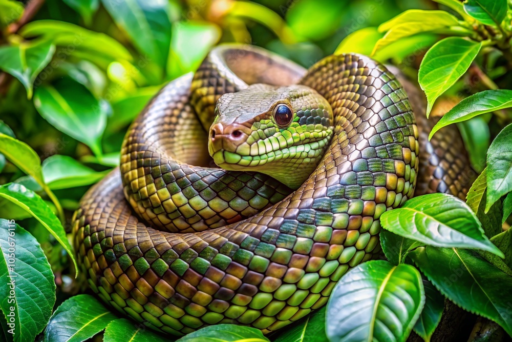 Fototapeta premium A green snake is curled up in a leafy green bush