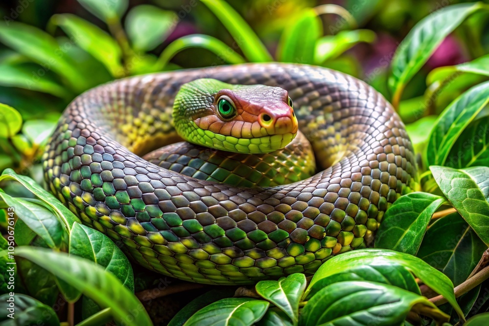 A green snake is curled up in a leafy green bush A green snake is curled up in a leafy green bush