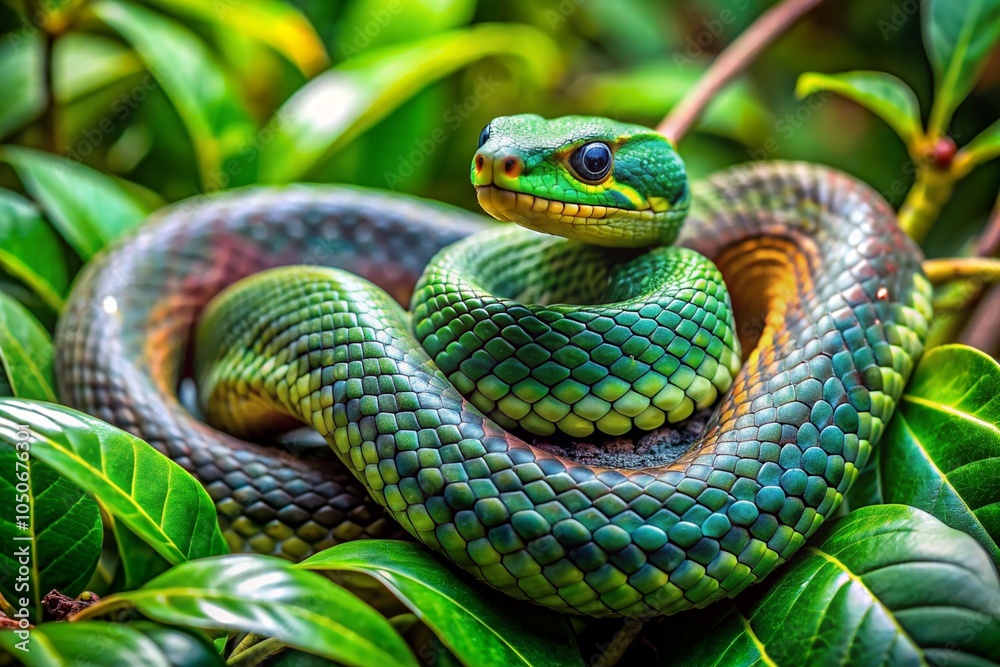 Fototapeta premium A green snake is curled up in a leafy green bush