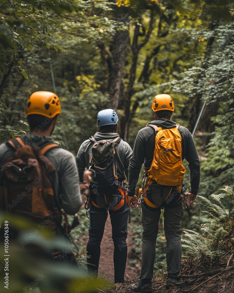 Group of hikers on a jungle trail, emphasis on adventure, nature, and physical activity, tropical environment with thick foliage Group of hikers on a jungle trail, emphasis on adventure, nature, and physical activity, tropical environment with thick foliage