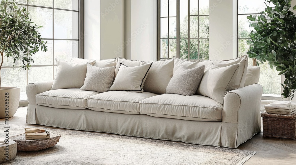Fototapeta premium Beige Sofa with Pillows in a Modern Living Room