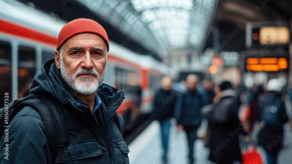 A middle-aged man wearing a colorful cap stands confidently at a crowded train station A middle-aged man wearing a colorful cap stands confidently at a crowded train station