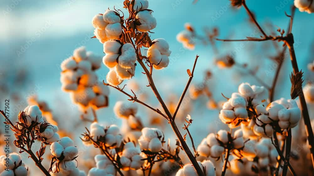 White cotton bolls bloom on a branch during sunset