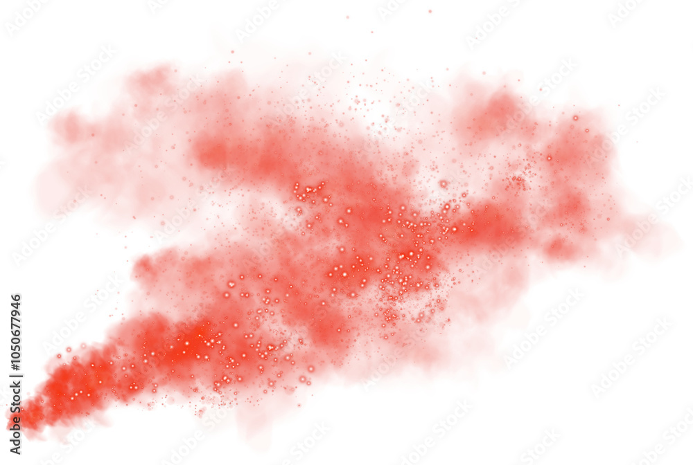 Fototapeta premium Fantastic red smoke background. Magic red smoke with glitter and small particles of twinkling stars. Red smog clouds rising from bottom to top on floor, isolated transparent special effect. Magic haze